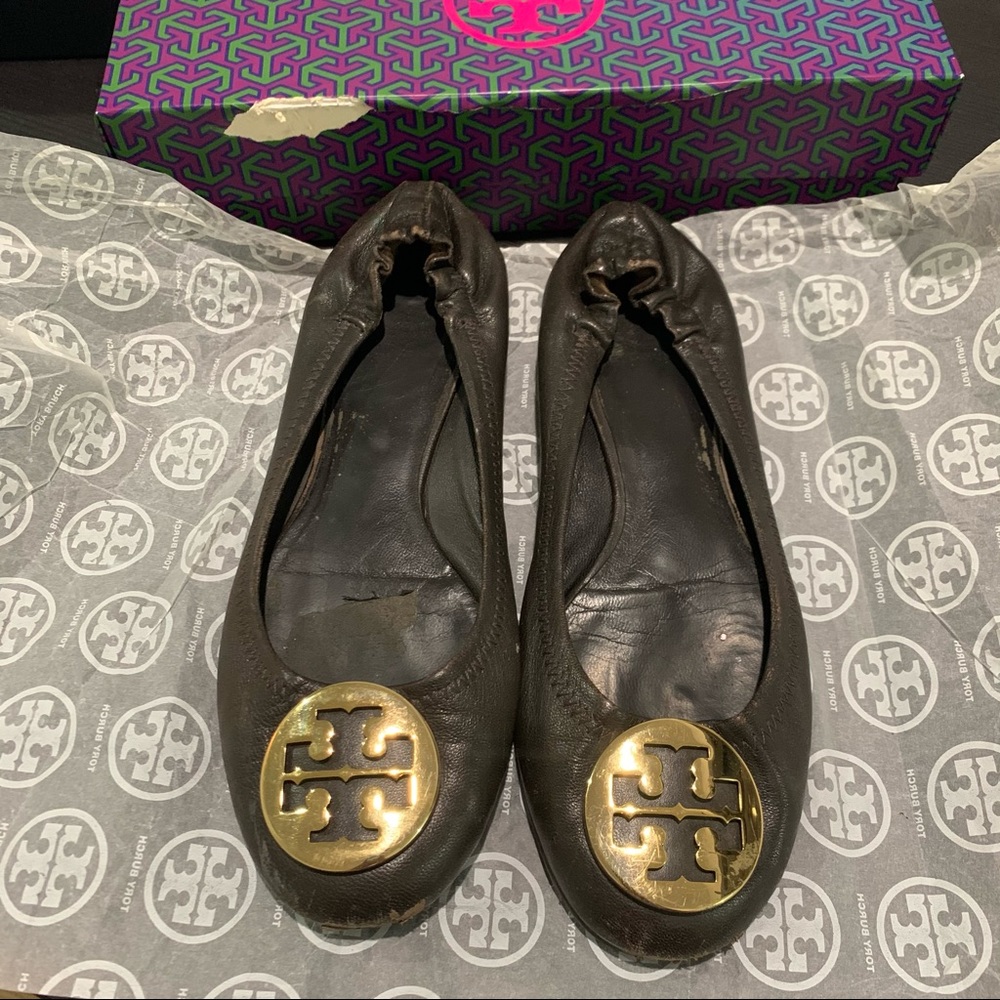 Tory Burch reva ballet flat brown gold 7.5 leather